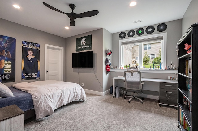 bedroom with carpet floors, recessed lighting, baseboards, a ceiling fan, and visible vents