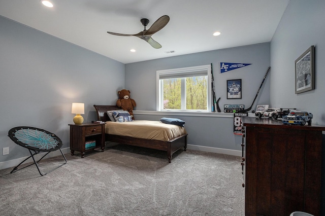 carpeted bedroom with recessed lighting, a ceiling fan, baseboards, and visible vents