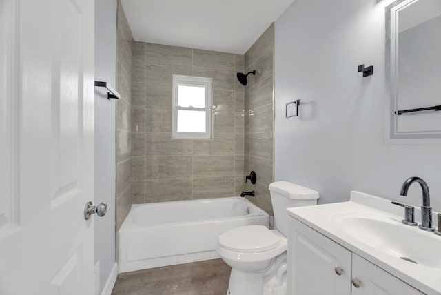 full bathroom with toilet,  shower combination, vanity, and wood finished floors