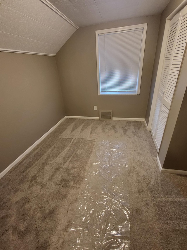 additional living space featuring carpet floors, baseboards, visible vents, and vaulted ceiling