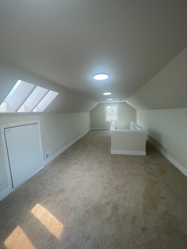 additional living space with visible vents, baseboards, carpet floors, and lofted ceiling
