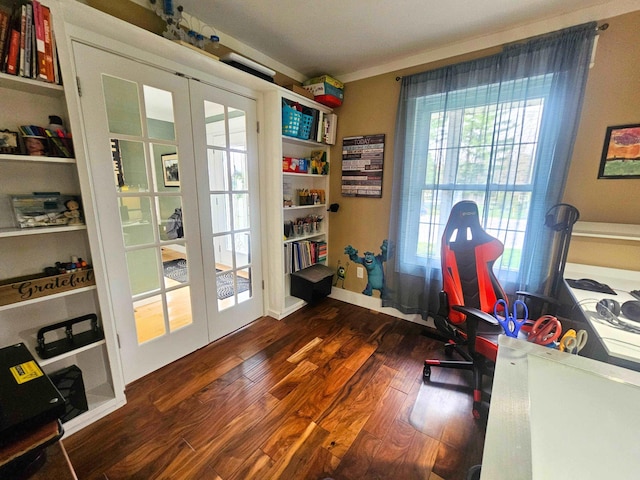 office space with french doors and wood finished floors