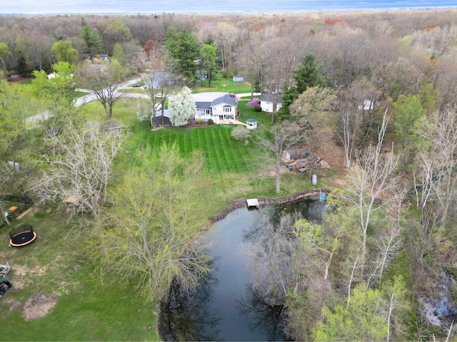 birds eye view of property featuring a water view and a forest view