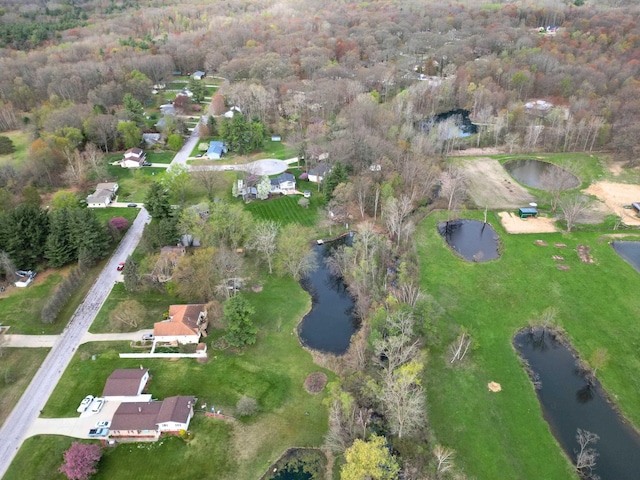 bird's eye view featuring a water view and a wooded view