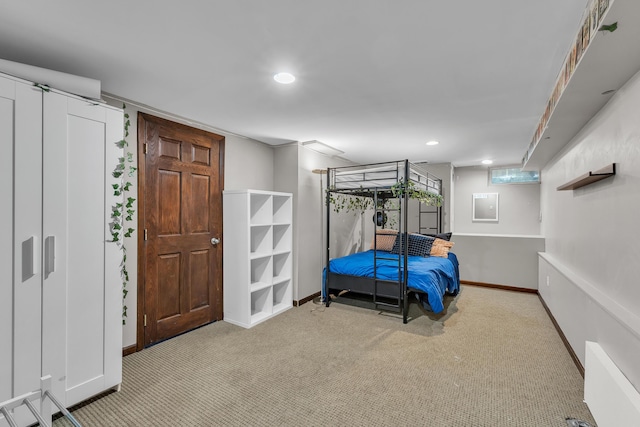 bedroom featuring baseboards, carpet, and recessed lighting