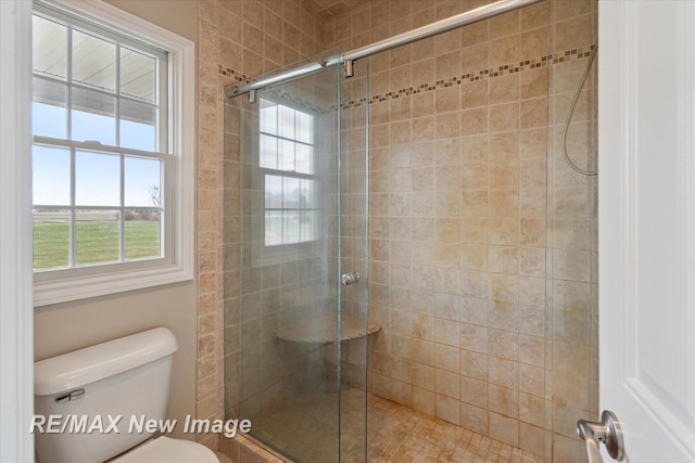bathroom with toilet and a stall shower