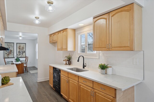 224 N Hewitt Rd, Ypsilanti, MI 48197 - kitchen with a sink, backsplash, baseboards, dark wood-style flooring, and beverage cooler