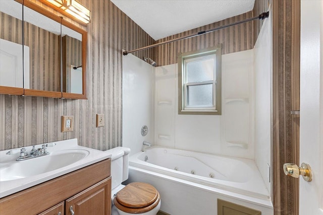 7960 Jackson St, Taylor, MI 48180 - full bathroom featuring a combined bath / shower with jetted tub, vanity, toilet, and wallpapered walls