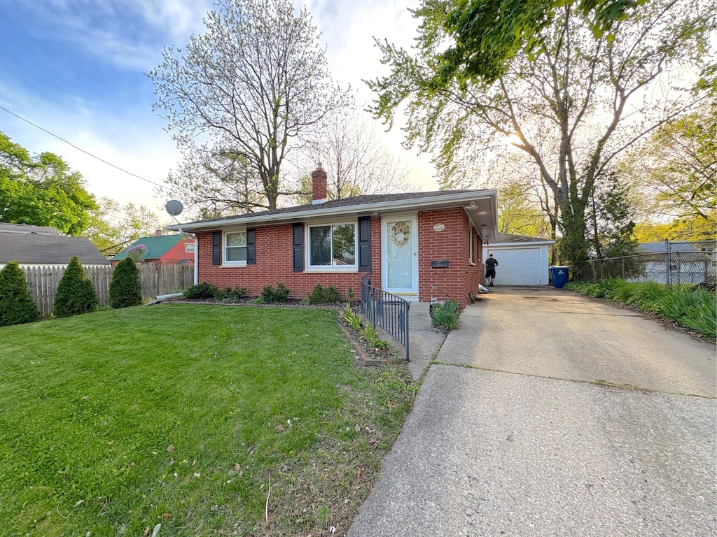 ranch-style home with an outdoor structure, a front lawn, fence, a chimney, and brick siding
