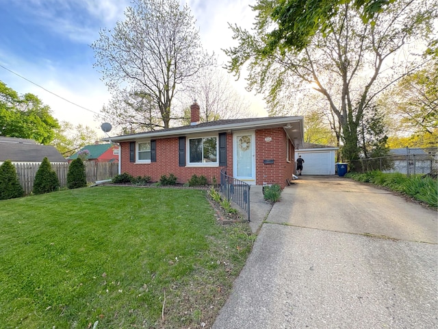 ranch-style home with an outdoor structure, a front lawn, fence, a chimney, and brick siding