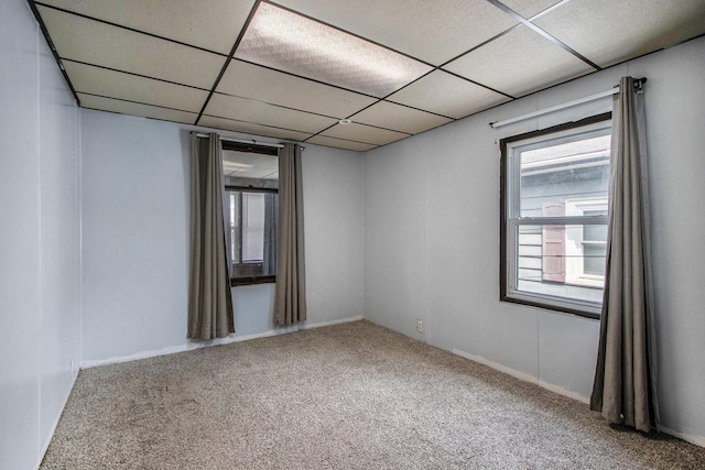 carpeted empty room featuring a drop ceiling