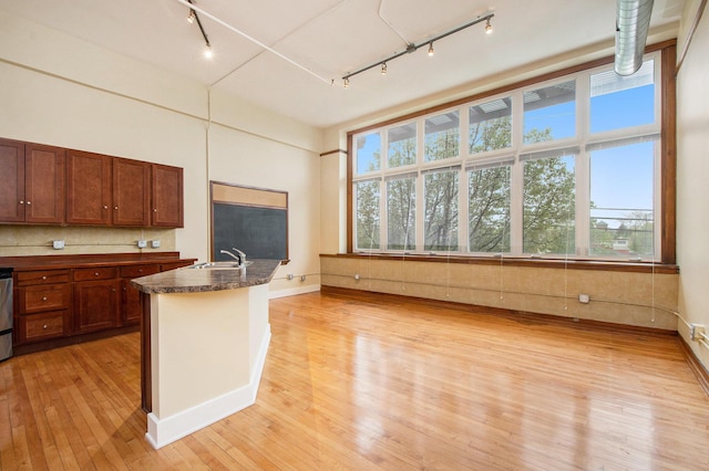 kitchen with rail lighting, dark countertops, a healthy amount of sunlight, and light wood-type flooring