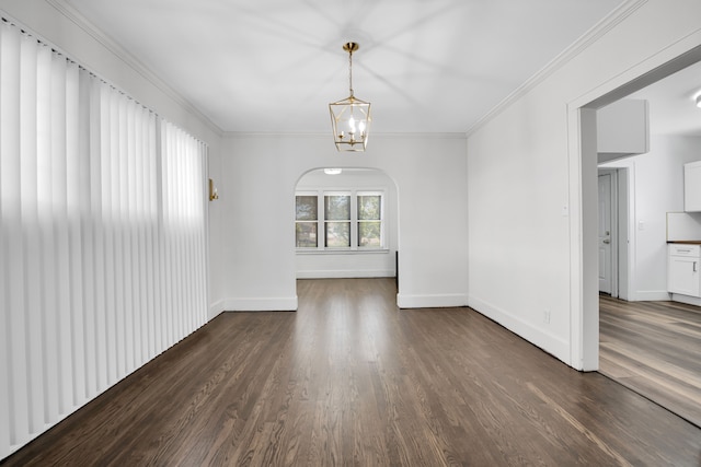 16560 Ashton Ave, Detroit, MI 48219 - unfurnished dining area featuring arched walkways, dark wood-style flooring, a chandelier, baseboards, and ornamental molding