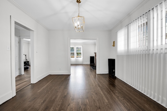 16560 Ashton Ave, Detroit, MI 48219 - unfurnished dining area featuring a chandelier, dark wood finished floors, baseboards, and ornamental molding