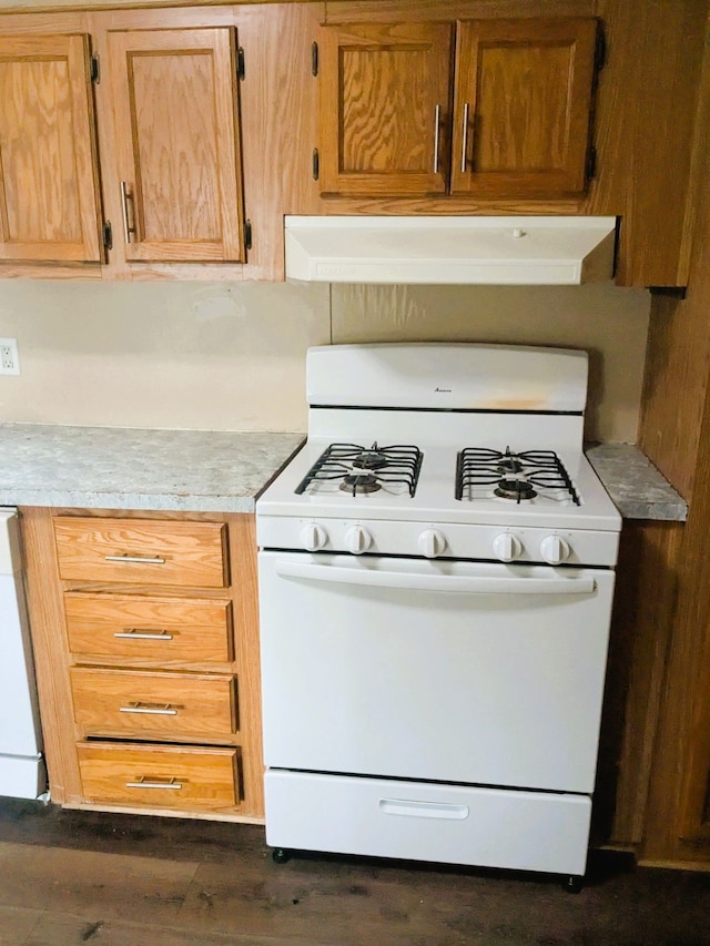 kitchen with light countertops, dark wood-style flooring, under cabinet range hood, and white gas range