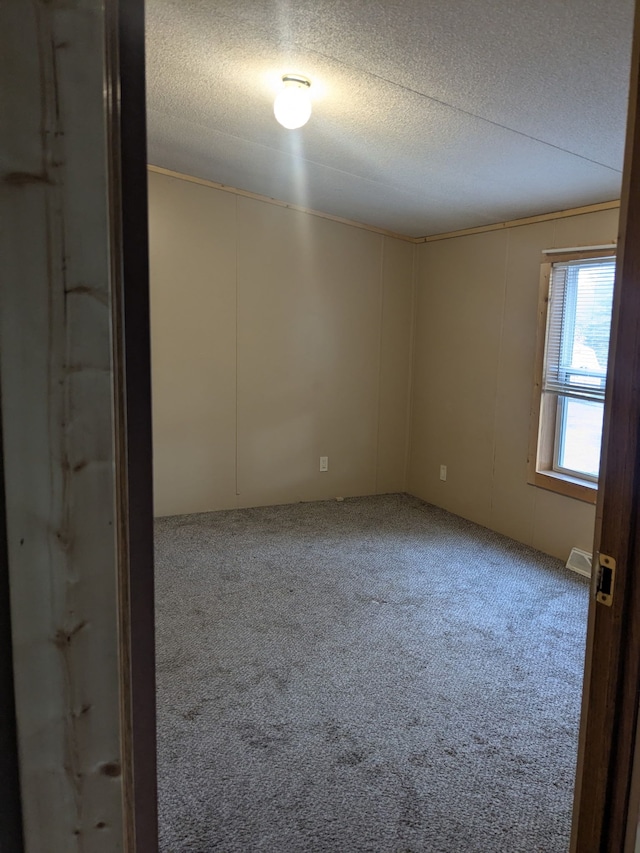 unfurnished room featuring carpet floors, a textured ceiling, and a decorative wall