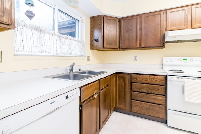 kitchen featuring a sink, white appliances, light countertops, brown cabinetry, and under cabinet range hood