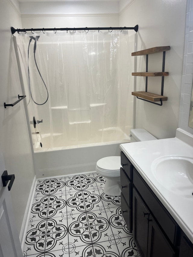 full bath featuring toilet, shower / bath combo, tile patterned flooring, and vanity