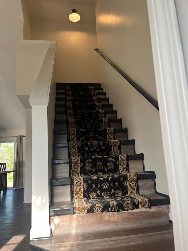 stairs featuring wood finished floors