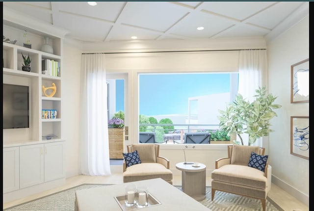 sitting room with recessed lighting, baseboards, wood finished floors, and coffered ceiling