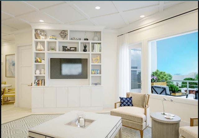living area featuring recessed lighting, coffered ceiling, built in shelves, and beamed ceiling