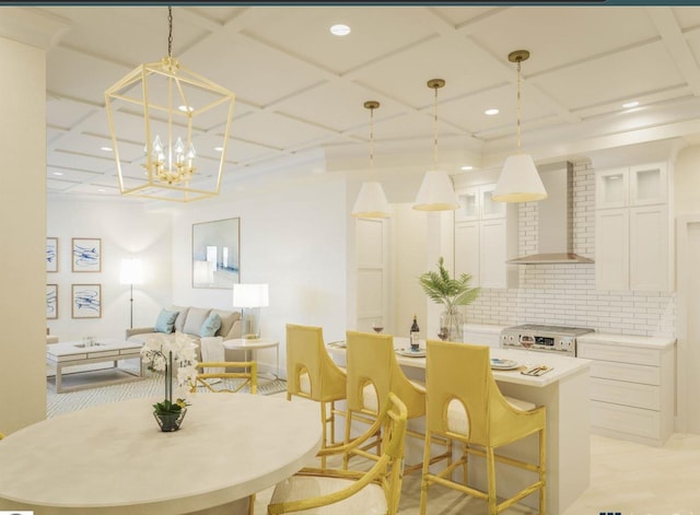 interior space featuring wall chimney range hood, range, decorative backsplash, and coffered ceiling