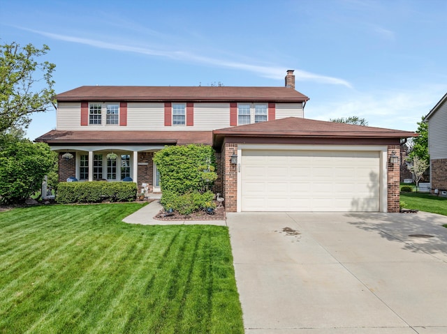 traditional-style home featuring an attached garage, a chimney, a front lawn, brick siding, and driveway