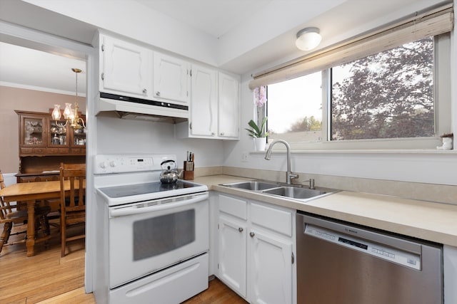 kitchen with under cabinet range hood, dishwasher, white range with electric stovetop, a sink, and white cabinets