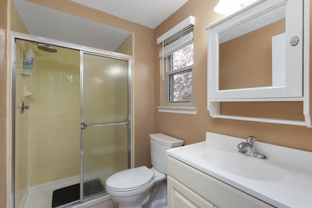 bathroom with vanity, toilet, and a shower stall
