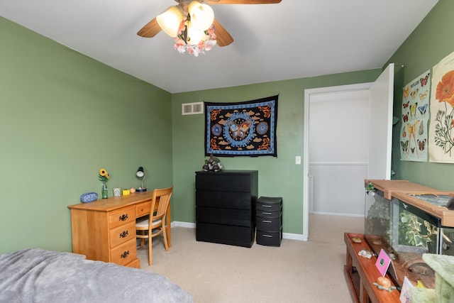 bedroom featuring ceiling fan, carpet, baseboards, and visible vents