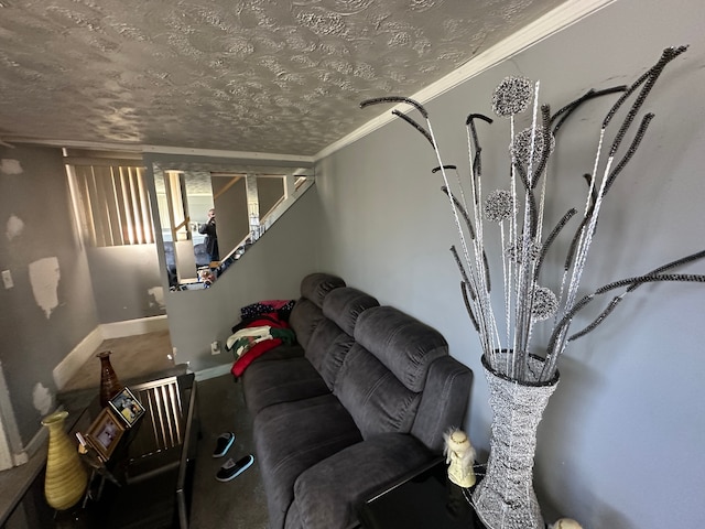 living area with crown molding, baseboards, carpet floors, and a textured ceiling