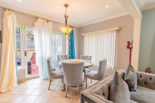 dining space featuring ornamental molding, recessed lighting, and light tile patterned flooring