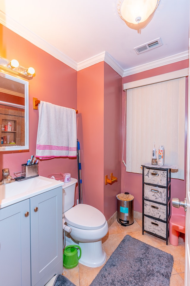 bathroom with visible vents, crown molding, tile patterned flooring, vanity, and toilet
