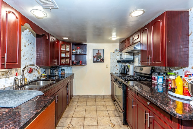 kitchen with gas stove, a sink, and reddish brown cabinets