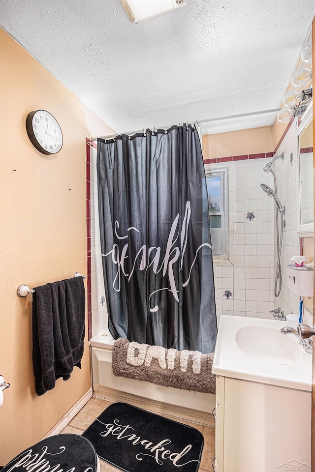 11965 Speaker Rd, Yale, MI 48097 - full bath featuring vanity, tile patterned floors, shower / bathtub combination with curtain, and a textured ceiling