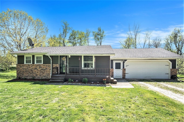 3687 Steinacker Rd, Howell, MI 48855 - ranch-style home featuring dirt driveway, brick siding, covered porch, an attached garage, and a front lawn