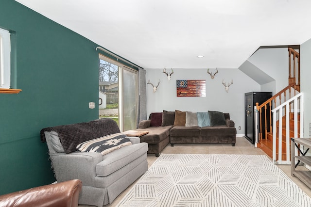 living area with stairs, light tile patterned floors, and recessed lighting