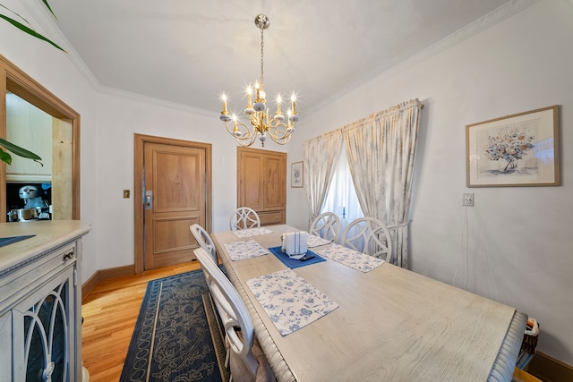 725 W Boston Blvd, Detroit, MI 48202 - dining room featuring baseboards, a chandelier, ornamental molding, and light wood-style flooring