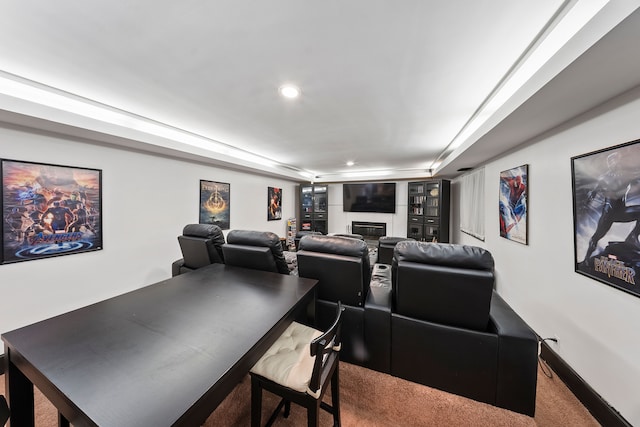 725 W Boston Blvd, Detroit, MI 48202 - home theater with a glass covered fireplace, baseboards, carpet flooring, and recessed lighting