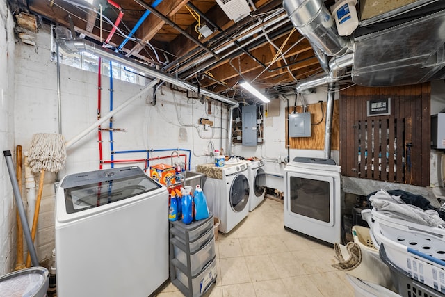 725 W Boston Blvd, Detroit, MI 48202 - clothes washing area with electric panel, tile patterned flooring, laundry area, and washer and clothes dryer