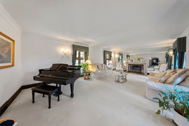 725 W Boston Blvd, Detroit, MI 48202 - living area featuring a glass covered fireplace, carpet floors, ornamental molding, and baseboards