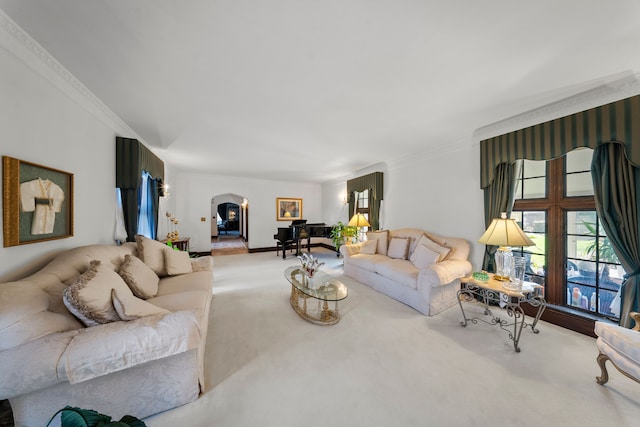 725 W Boston Blvd, Detroit, MI 48202 - living area featuring crown molding, arched walkways, and carpet