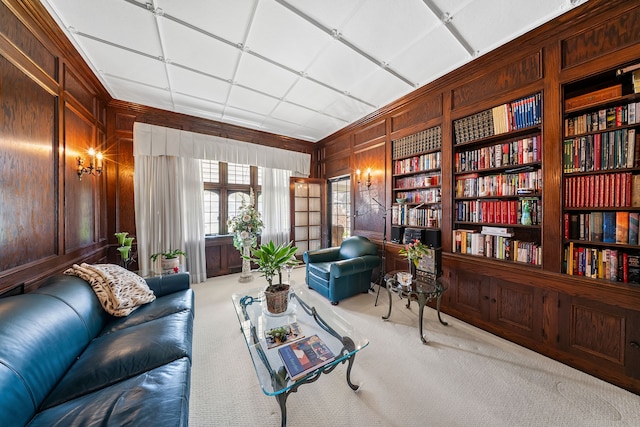 725 W Boston Blvd, Detroit, MI 48202 - living area with wood walls, carpet, and built in shelves