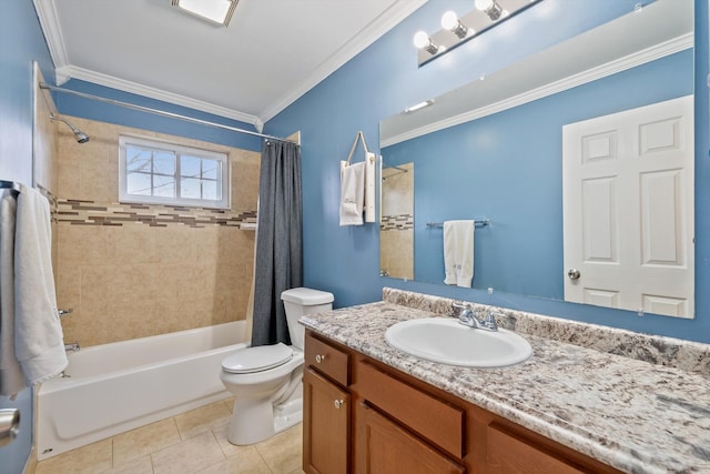full bath featuring toilet, shower / bath combo, tile patterned floors, crown molding, and vanity