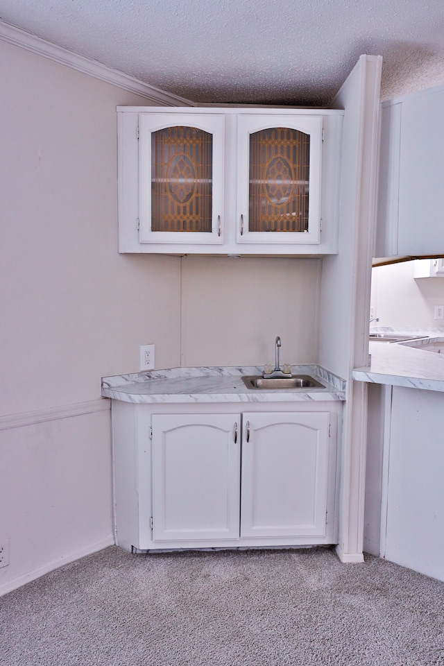 bar featuring a sink, light carpet, a textured ceiling, and crown molding