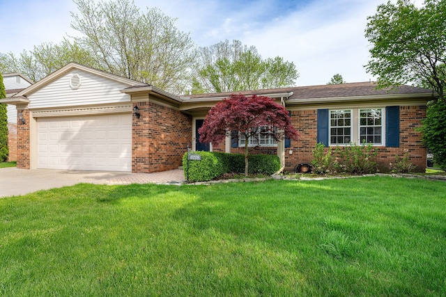 6228 Atkins Dr, Troy, MI 48085 - ranch-style house with brick siding, a garage, driveway, and a front lawn