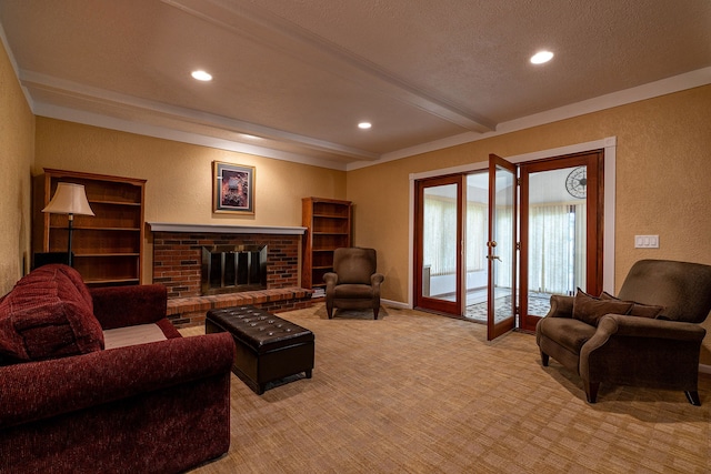 6228 Atkins Dr, Troy, MI 48085 - living area featuring a textured wall, carpet floors, a fireplace, recessed lighting, and beamed ceiling