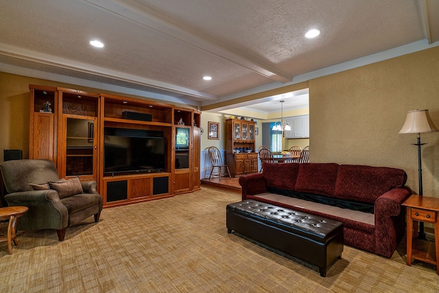 6228 Atkins Dr, Troy, MI 48085 - living area with beam ceiling, recessed lighting, a textured ceiling, light colored carpet, and a textured wall
