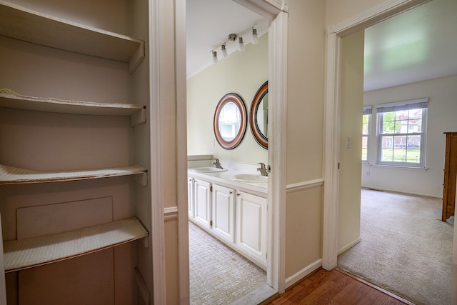 6228 Atkins Dr, Troy, MI 48085 - bathroom featuring double vanity, wood finished floors, and baseboards
