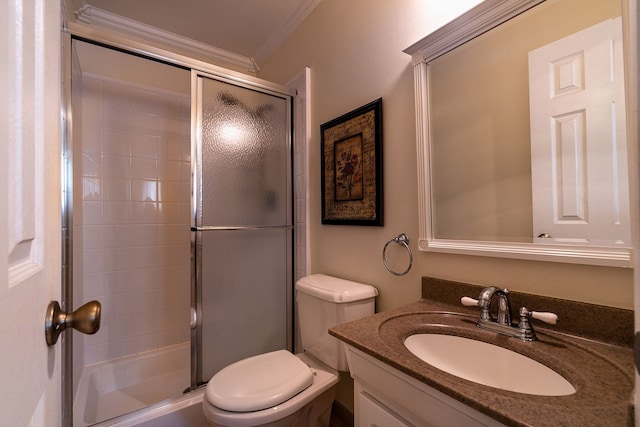 6228 Atkins Dr, Troy, MI 48085 - bathroom featuring ornamental molding, a shower stall, toilet, and vanity